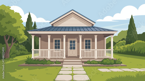 Illustration of a single story house with a porch and a stone path leading to the front door view