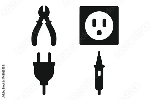 Black electrical tool and socket icons on white background