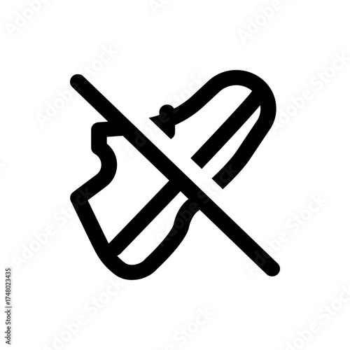 Illustration of a black and white icon depicting a crossed out bitten object, possibly food or a snack item