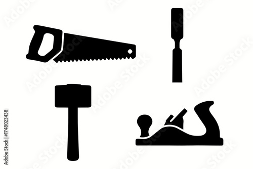 Silhouette of classic woodworking tools: saw, chisel, mallet, and plane