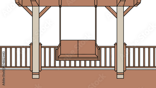 Illustration of a porch swing with a wooden frame and railing on a brown wooden deck area