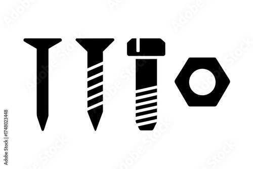 Silhouette of various screw types and hex nut on white background