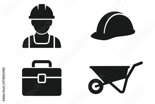 Construction symbols: worker, helmet, toolbox, wheelbarrow icons
