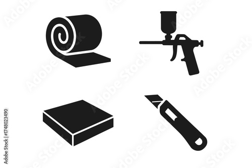 Silhouette icons of spray gun, utility knife, sanding block, and sandpaper roll