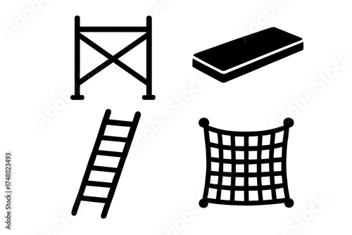 Simple icons of scaffolding, plank, ladder, safety net on white background