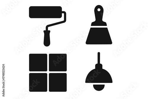 Tool set icons: paint roller, scraper, tiles, lamp - minimalist design