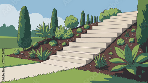 Illustration of a landscaped garden with stone steps leading up a gentle slope and various plants