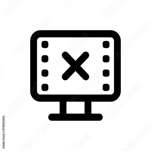 Black and white icon of a monitor displaying an x symbol and vertical dots representing error or deletion state