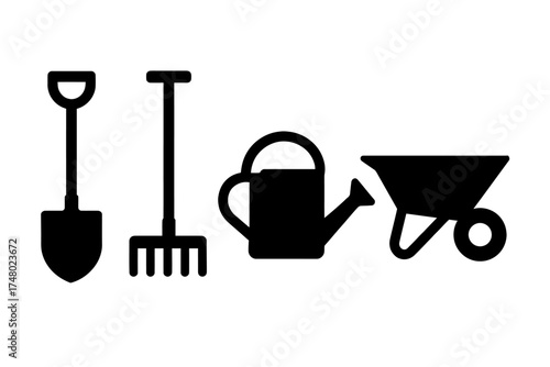 Silhouette of gardening tools: shovel, rake, watering can, wheelbarrow