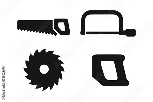 Silhouette icons of various saws and saw blades for carpentry and woodworking