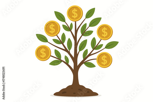 Money tree with dollar coins and green leaves on white background