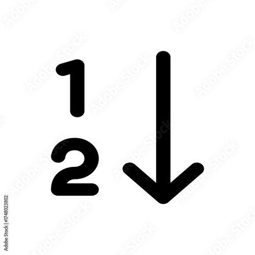 Black descending arrow and the numbers one and two indicating sorting order in a downward direction format