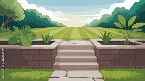 Illustration of a garden with stone steps leading to a large green field and trees in the distance