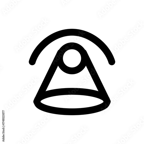 Stylized black and white drawing of an abstract eye shape with an arc above it and a conical base below