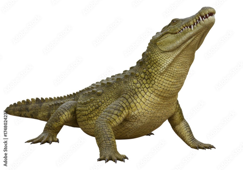 Naklejka premium Isolated crocodile standing with head up, a large amphibian, the crocodilian family