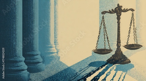 Illustration of justice scales and broken chains,