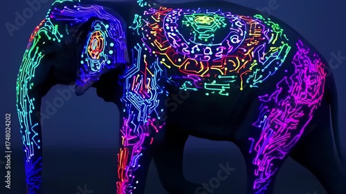A glowing, circuit-board patterned elephant against a blue backdrop, showcasing vibrant neon colors