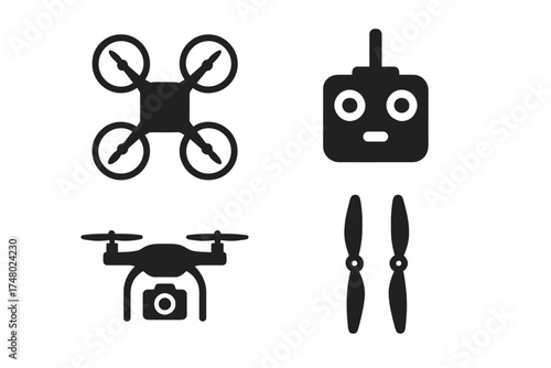 Drone and remote control icons: quadcopter, propeller, camera