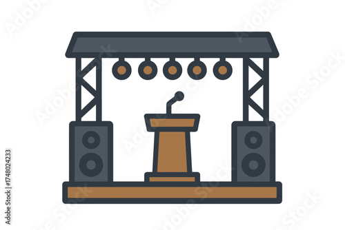 Concert stage icon with microphone podium and speakers
