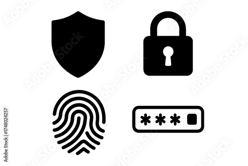 Security icons: shield, lock, fingerprint, password for digital protection