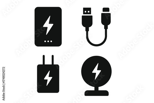 Black charging icons: mobile charger, usb cable, adapter, wireless charger symbols