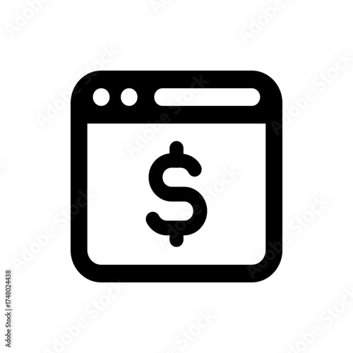 Black and white icon of a browser window displaying a dollar sign in the center of the screen view area