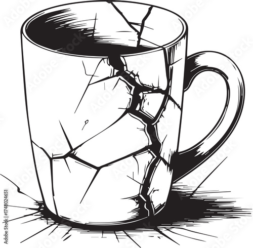A cracked coffee cup, shattered and broken, symbolizing fragility and the end of something.