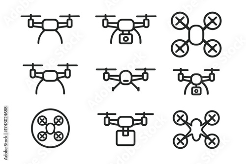 Set of drone icons: variety of quadcopters in line art style