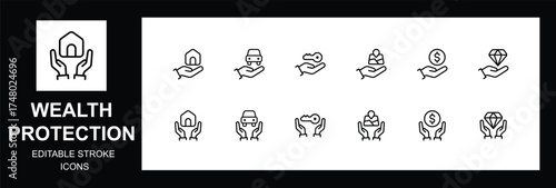 Wealth & Asset Protection Icon Set – Insurance, Finance, Property and Security, Editable stroke. Vector illustration.