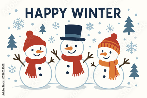 Cheerful snowmen trio with hats and scarves welcoming winter with snowflakes and trees