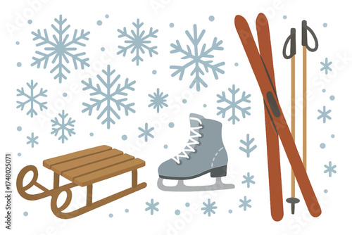 Winter sports equipment: sled, ice skates, skis with snowflakes