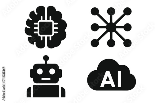 Artificial intelligence icons: brain, network, robot, cloud ai symbols in black and white