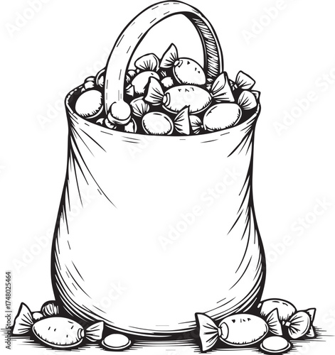 A tempting collection of candies spills from a full carry bag, a monochrome graphic of treats perfect for adding a touch of sweetness to designs.