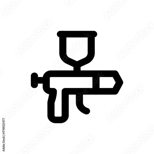 Illustration of a paint sprayer tool with a reservoir and trigger mechanism in a minimalist black outline