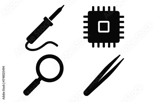 Soldering tools and microchip icon set featuring magnifying glass and tweezers