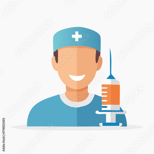 A smiling medical professional in a blue uniform holding a syringe, ready to administer an injection.