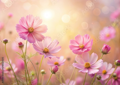 Wallpaper Mural Soft pink cosmos flowers in abstract blur against a warm summer sunlight backdrop Torontodigital.ca