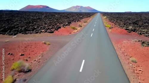 A straight road leads through a volcanic landscape with dark lava fields and colorful mountains under a blue sky