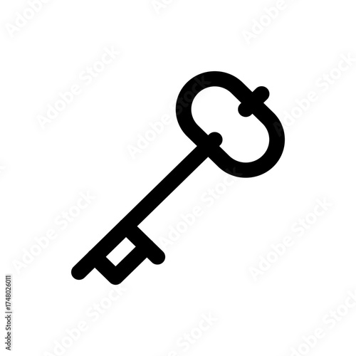 A simple black and white drawing of an antique key with a looped handle and a basic bit design shown isolated
