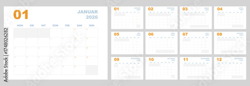 Germany 2026 calendar planner set of template monthly horizontal pages. Minimalist Deutsch Kalender grid week start on Monday
