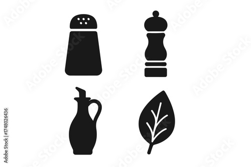 Black silhouette icons of salt shaker, pepper grinder, oil bottle, and leaf