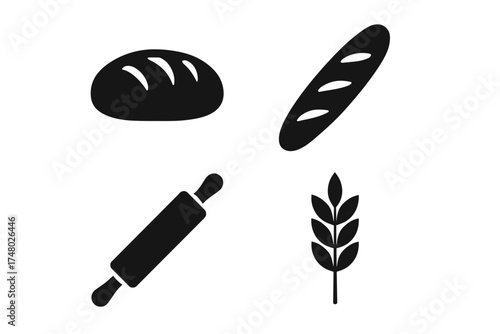 Bread and baking icons: loaf, baguette, rolling pin, wheat ear