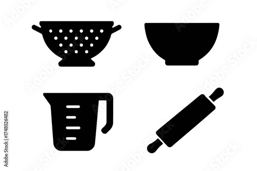 Silhouette icons of kitchen tools: colander, bowl, measuring cup, rolling pin