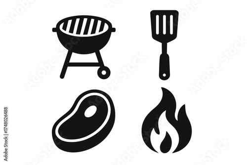 Bbq icons: grill, spatula, steak, fire symbols for cooking designs