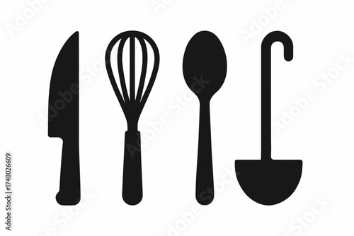 Silhouette of kitchen utensils: knife, whisk, spoon, ladle
