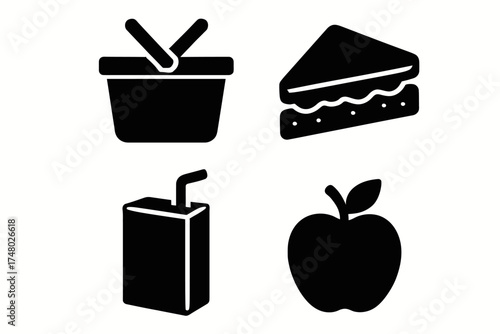 Minimalistic icons of picnic basket, slice of pie, juice box, and apple