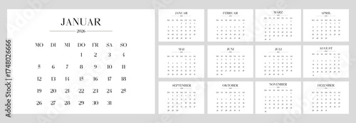 Minimalist German 2026 calendar grid template set of 12 month horizontal pages. Layout deutsch Jahresplaner for the year. Week start on Monday