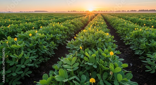 Peanut Crop Rows Under a Golden Sunrise Sky