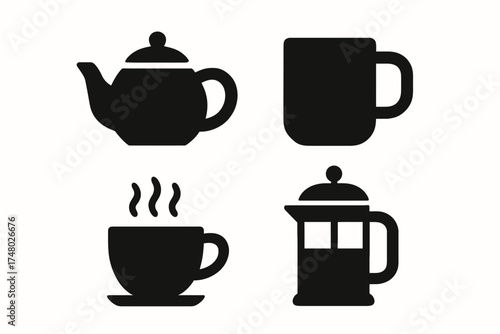 Silhouette icons of teapot, mug, cup, and french press in black