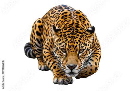 Isolated Jaguar Crouching Low, Ready to Pounce. Big Wildcat with Spotted Coat. Portrait View